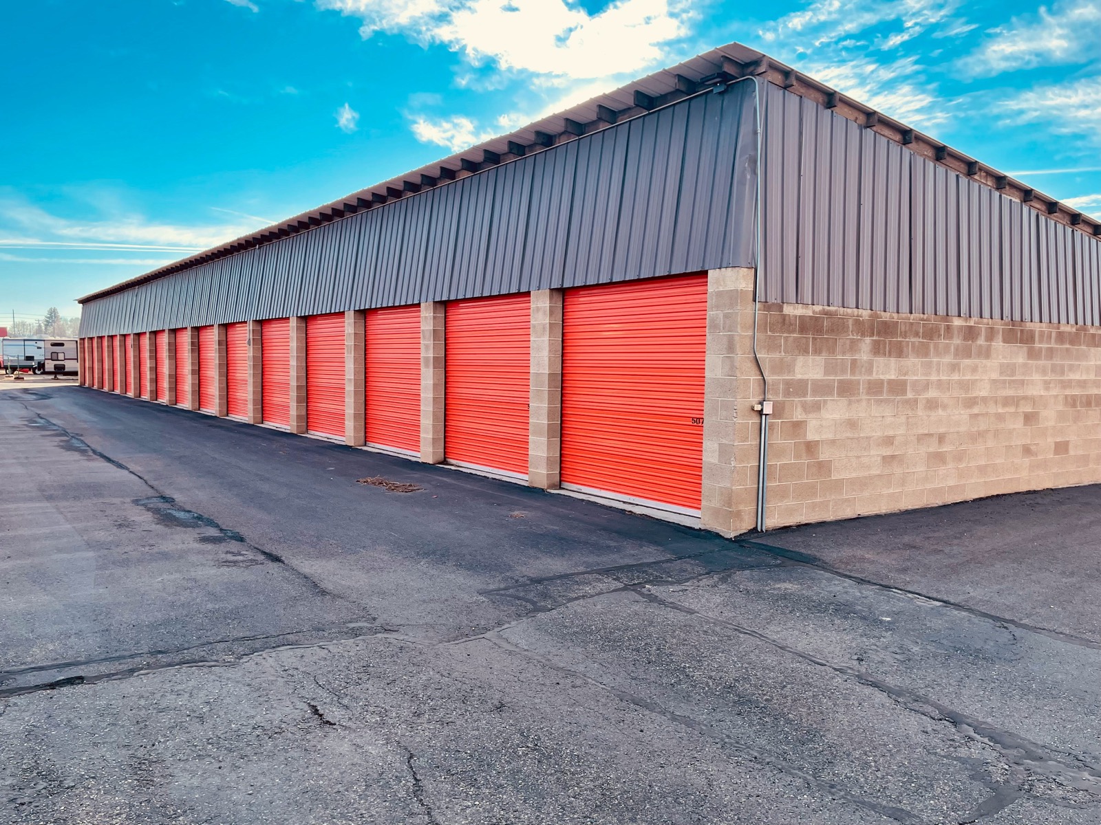 Exterior of a self-storage facility with roll-up doors